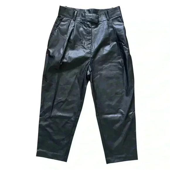 H&M Black Faux Leather Pleated Pants Size 10 Petite - Picture 1 of 8